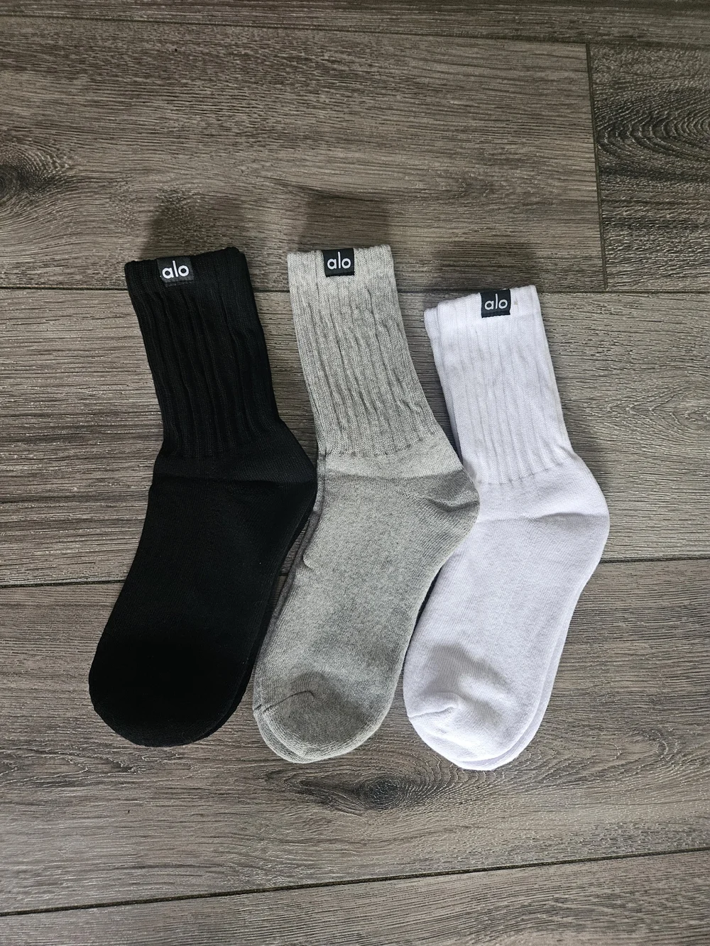 ALO Yoga Women’s Ribbed Crew Socks - Black, Gray & White (3-Pack)